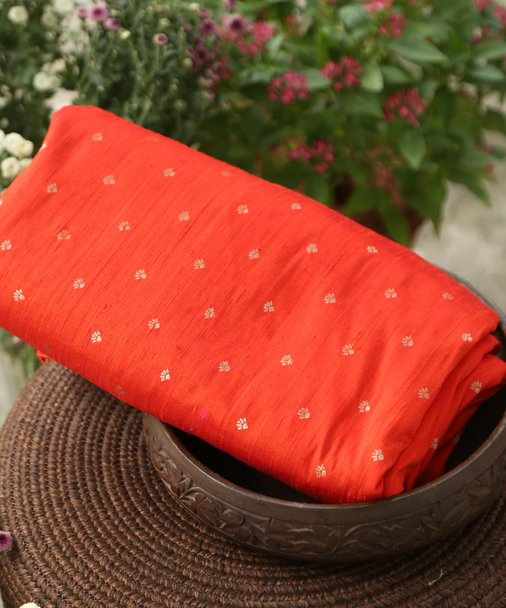 Handloom_Orange_Pure_Tussar_Silk_Banarasi_Fabric_With_Cutwork_Booti_WeaverStory_01