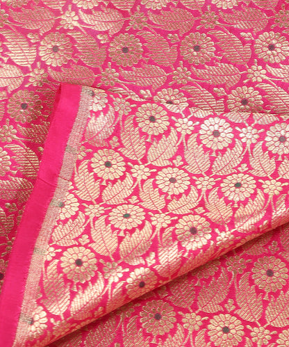 Handloom_Pink_Pure_Katan_Silk_Kimkhab_Banarasi_Fabric_With_Green_Meenakari_WeaverStory_04