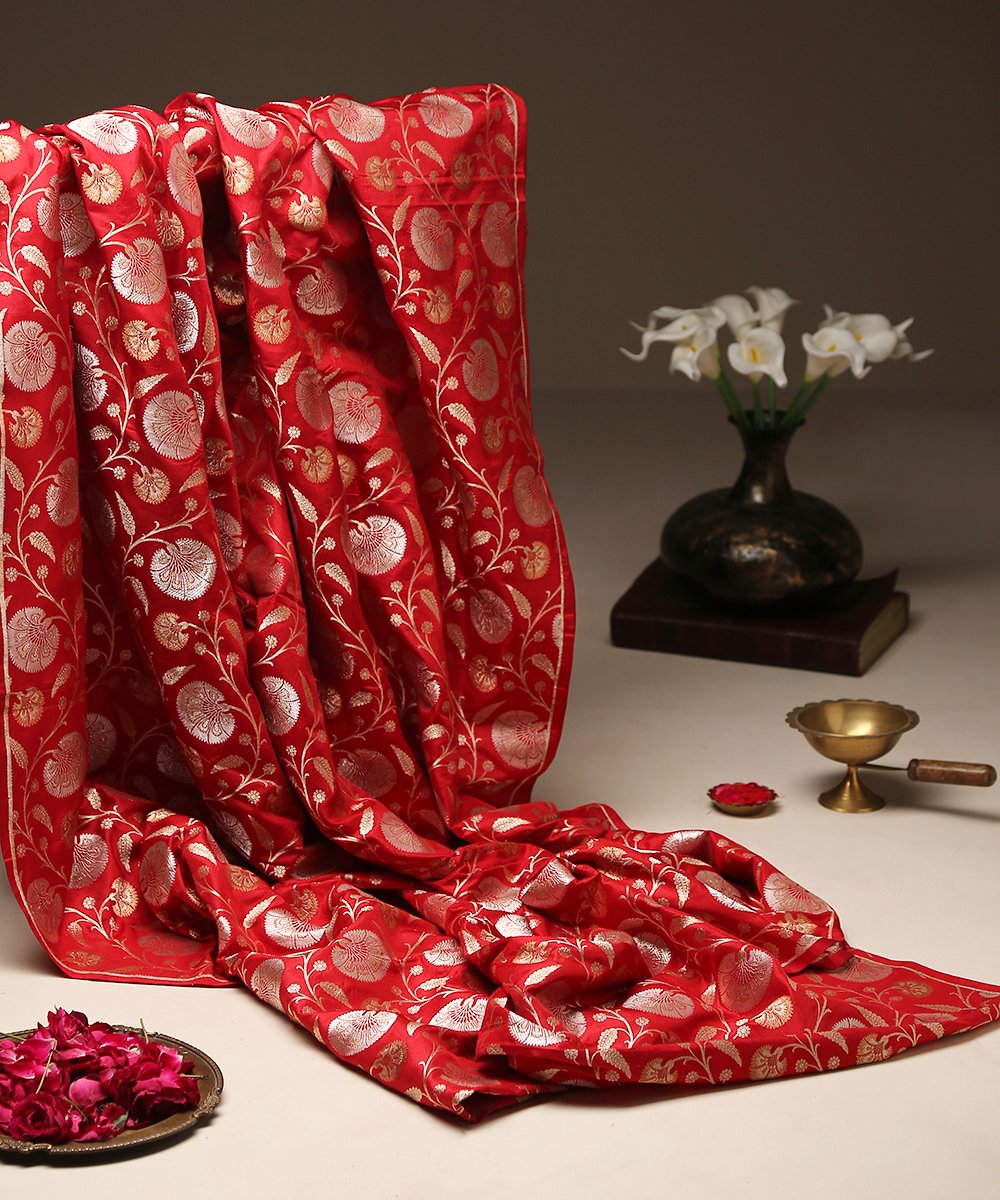 Handloom_Red_Pure_Katan_Silk_Cutwork_Banarasi_Fabric_WeaverStory_01