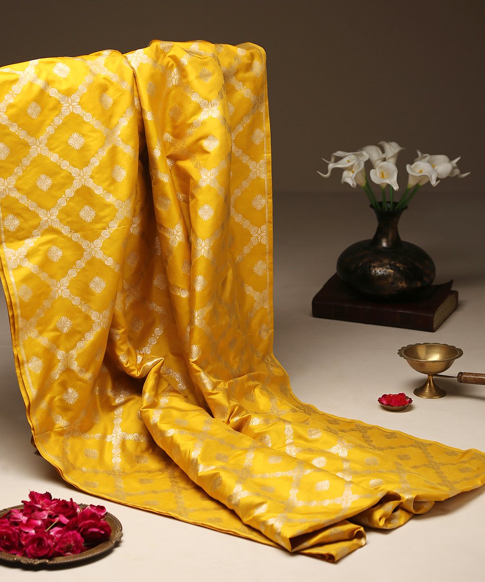 Handloom_Yellow_Pure_Katan_Silk_Fabric_Chokadi_Jaal_Banarasi_Fabric_WeaverStory_01