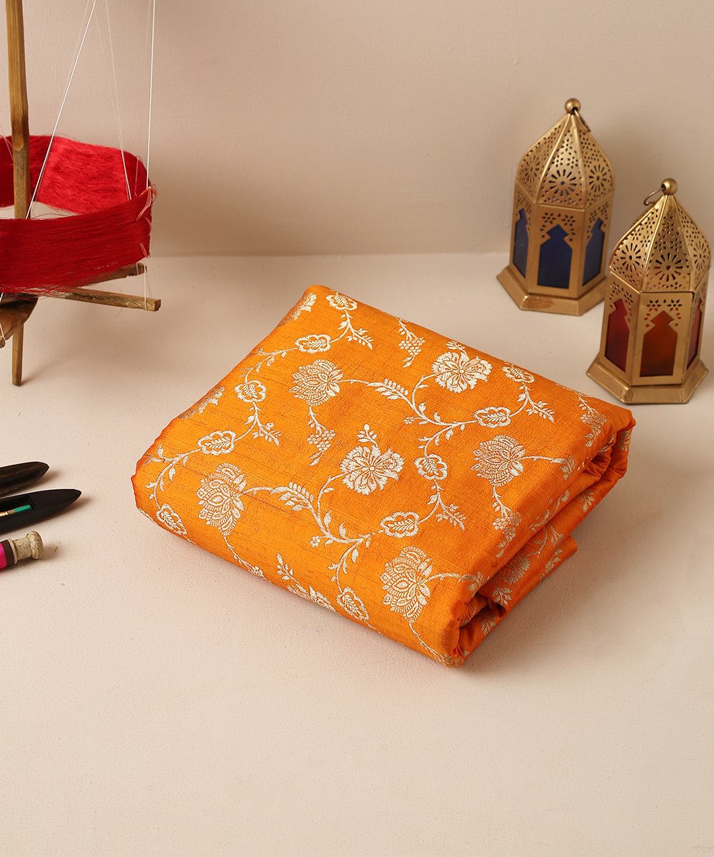 Handloom_Orange_Tusser_Silk_Banarasi_Cutwork_Fabric_with_Jaal_WeaverStory_01