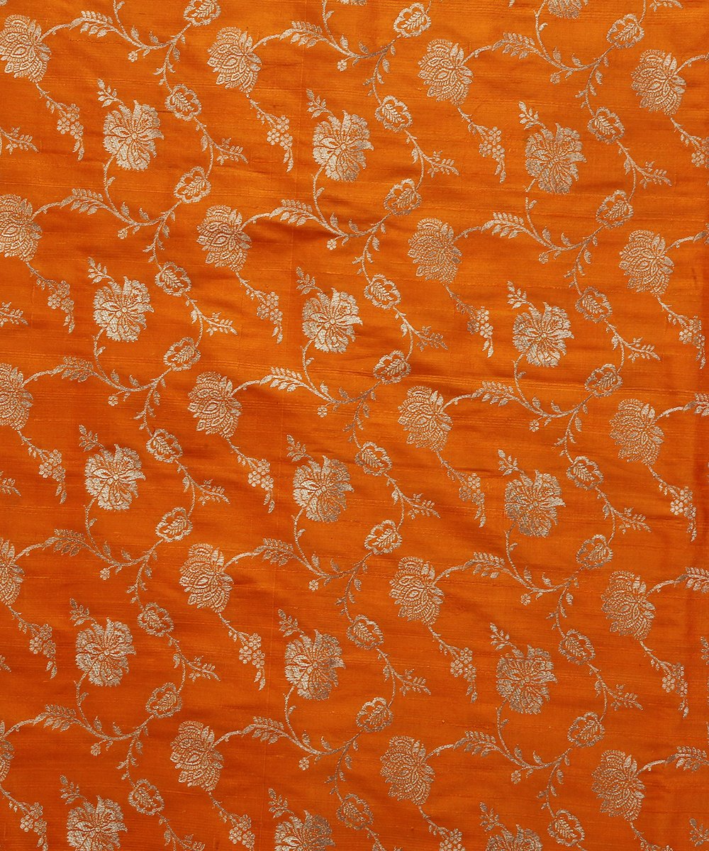 Handloom_Orange_Tusser_Silk_Banarasi_Cutwork_Fabric_with_Jaal_WeaverStory_02