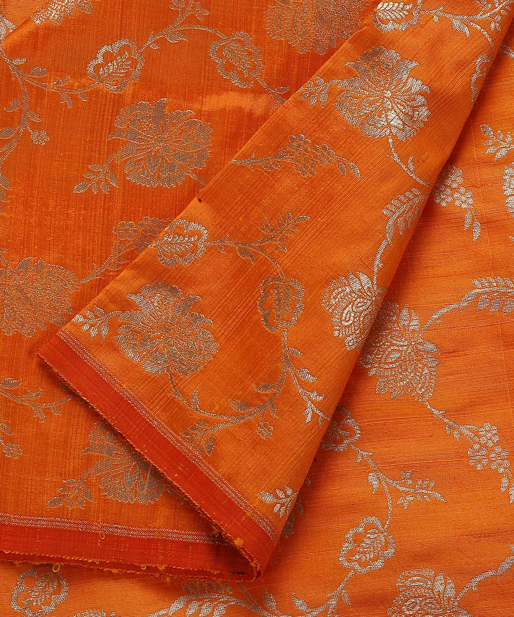 Handloom_Orange_Tusser_Silk_Banarasi_Cutwork_Fabric_with_Jaal_WeaverStory_04