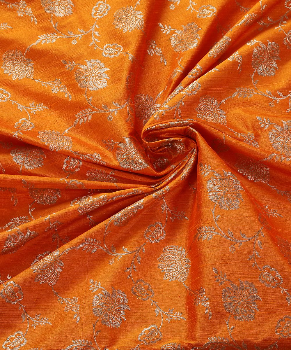 Handloom_Orange_Tusser_Silk_Banarasi_Cutwork_Fabric_with_Jaal_WeaverStory_05