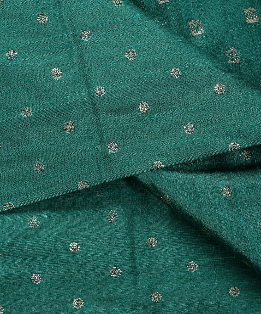 Handloom_Teal_Green_Tusser_Silk_Banarasi_Fabric_with_Booti_WeaverStory_04