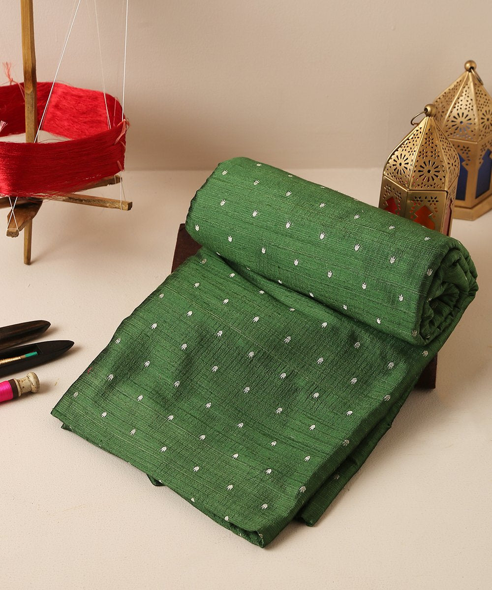 Handloom_Green_Banarasi_Tusser_Silk_Fabric_with_Booti_WeaverStory_01
