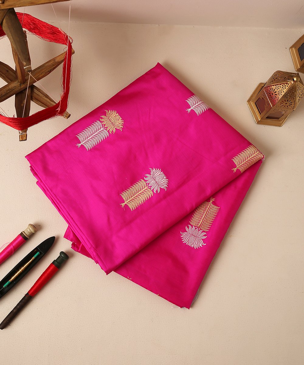 Hot_Pink_Gold_and_Silver_Kadhwa_Pure_Katan_Silk_Banarasi_Fabric_with_Booti_Design_WeaverStory_01