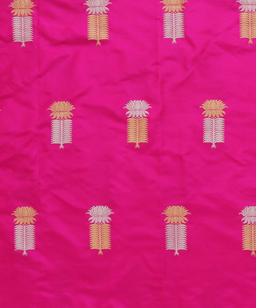 Hot_Pink_Gold_and_Silver_Kadhwa_Pure_Katan_Silk_Banarasi_Fabric_with_Booti_Design_WeaverStory_02