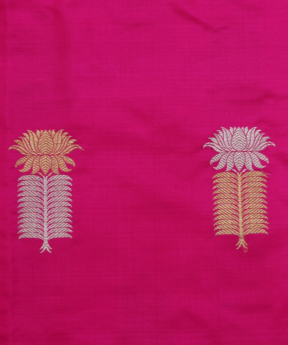 Hot_Pink_Gold_and_Silver_Kadhwa_Pure_Katan_Silk_Banarasi_Fabric_with_Booti_Design_WeaverStory_03