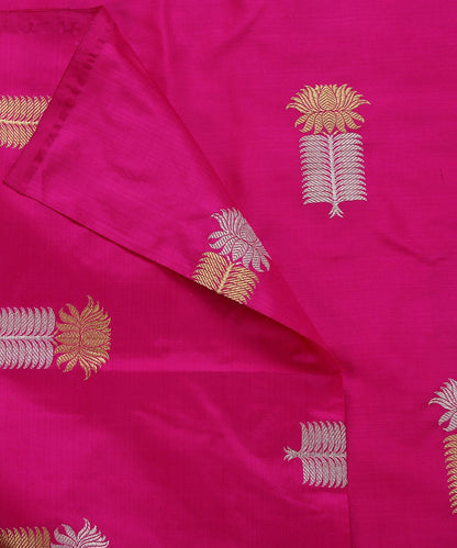 Hot_Pink_Gold_and_Silver_Kadhwa_Pure_Katan_Silk_Banarasi_Fabric_with_Booti_Design_WeaverStory_04