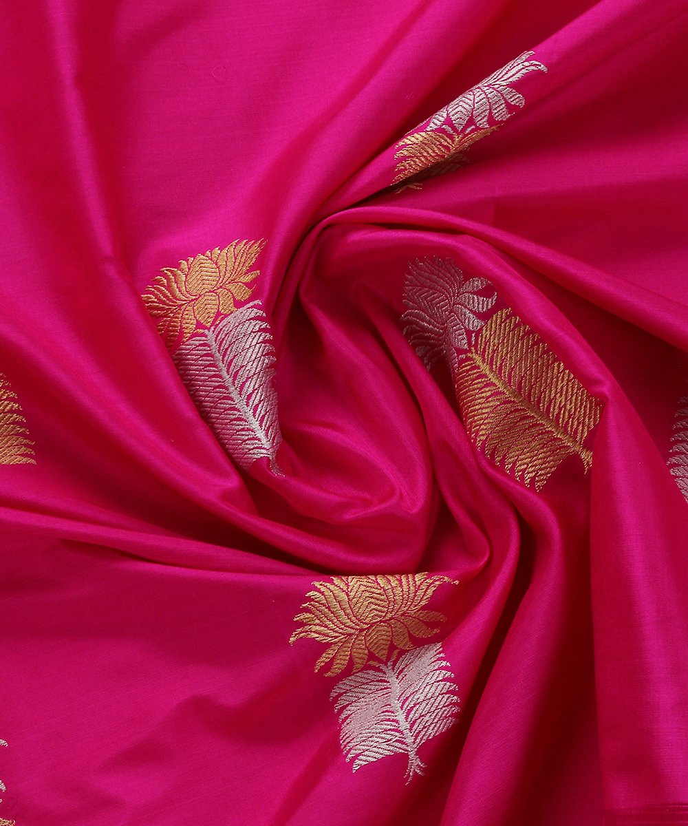 Hot_Pink_Gold_and_Silver_Kadhwa_Pure_Katan_Silk_Banarasi_Fabric_with_Booti_Design_WeaverStory_05