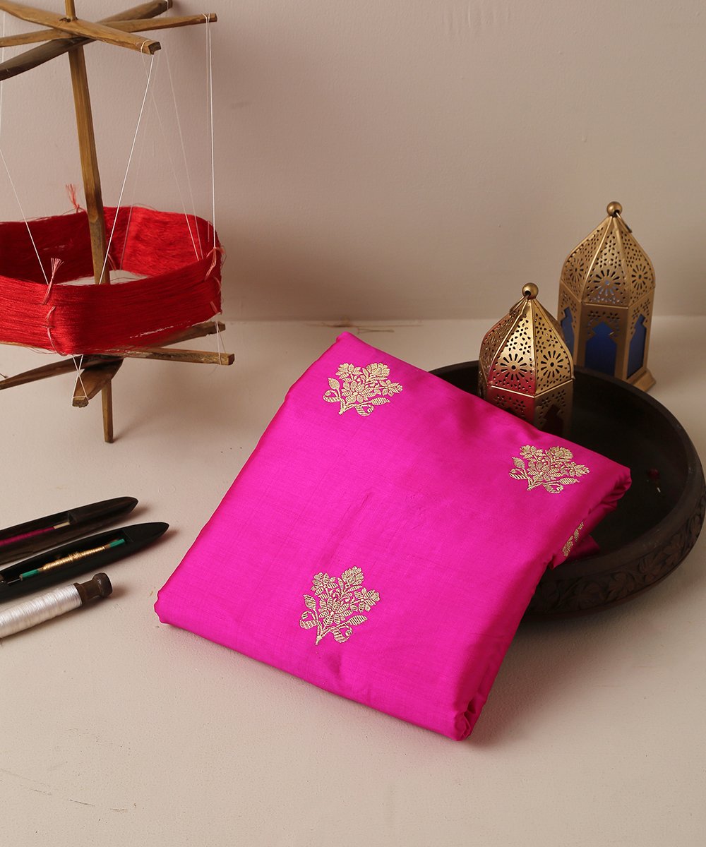 Hot_Pink_Handloom_Dupion_Silk_Banarasi_Fabric_wih_Zari_Boota_WeaverStory_01