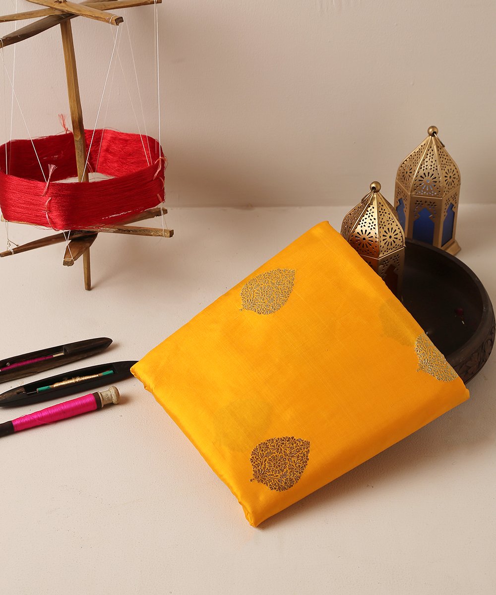 Yellow_Handloom_Dupion_Silk_Banarasi_Fabric_with_Zari_Boota_WeaverStory_01