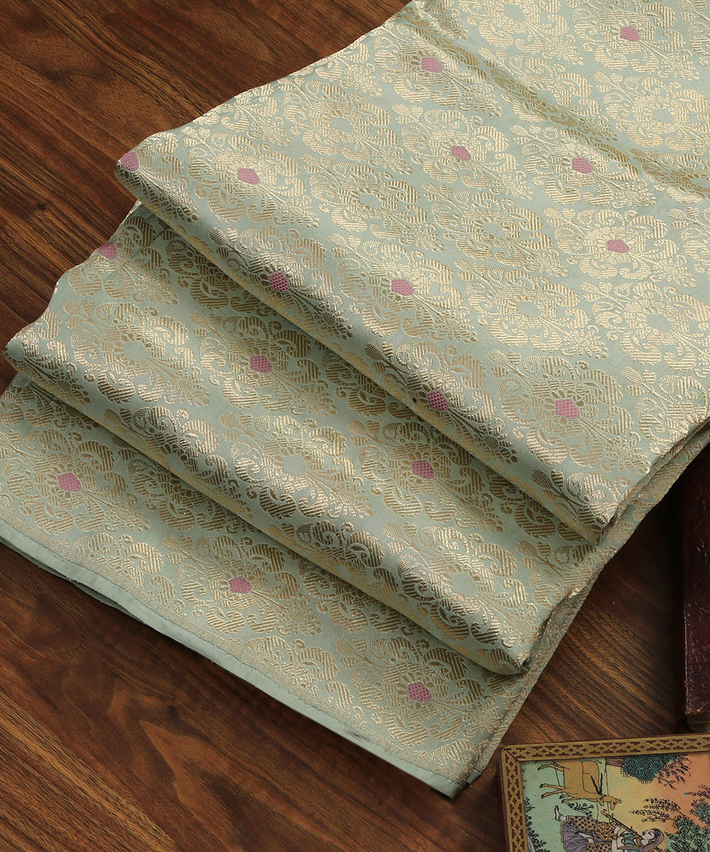 Handloom_Powder_Blue_Pure_Katan_Silk_Kadhwa_Banarasi_Floral_Brocade_Fabric_With_Pink_Meenakari_Design_WeaverStory_01