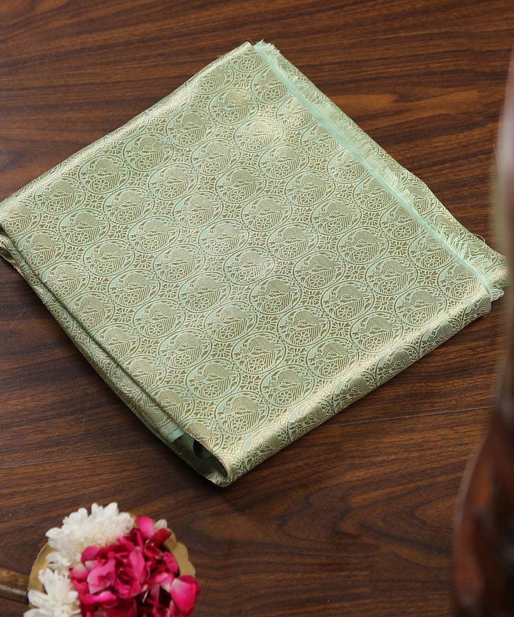Pista_And_Gold_Handloom_Pure_Katan_Silk_Kadhwa_Banarasi_Brocade_Fabric_With_Zari_Peacock_Motifs_WeaverStory_01