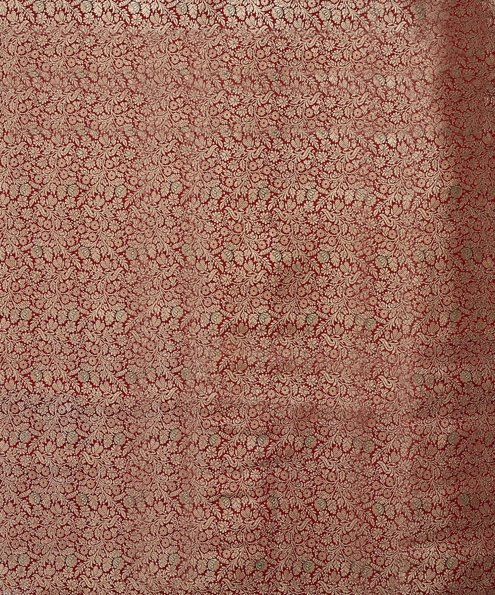 Marron Handloom Pure Katan Silk Kimkhab Banarasi Fabric With Green Meenakari
