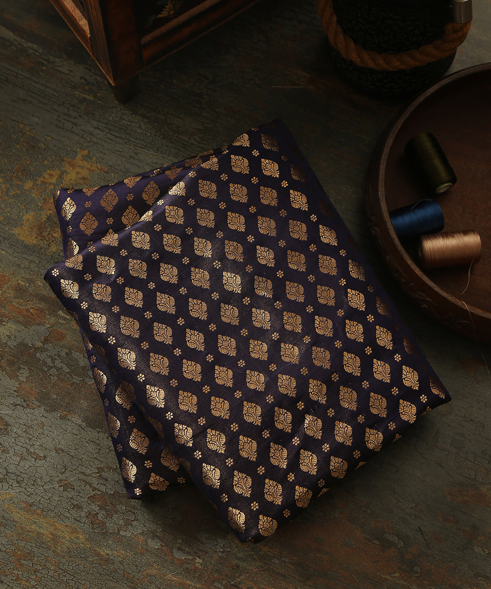 Dark_Blue_Handloom_Pure_Satin_Silk_Banarasi_Fabric_With_Mughal_Motifs_Woven_In_Zari_WeaverStory_01