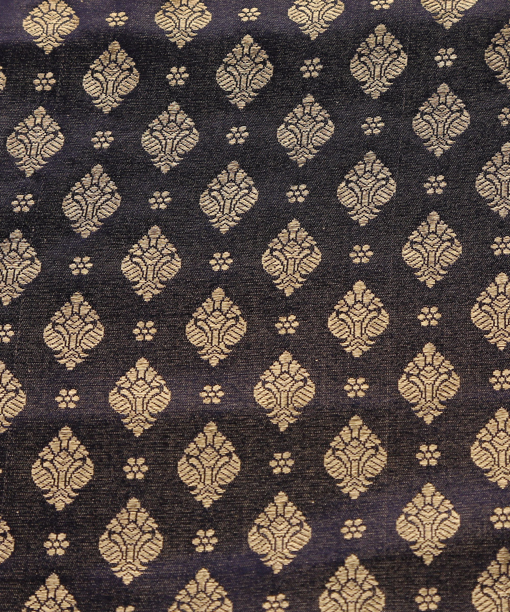 Dark_Blue_Handloom_Pure_Satin_Silk_Brocade_Banarasi_Fabric_With_Small_Mughal_Motifs_WeaverStory_02