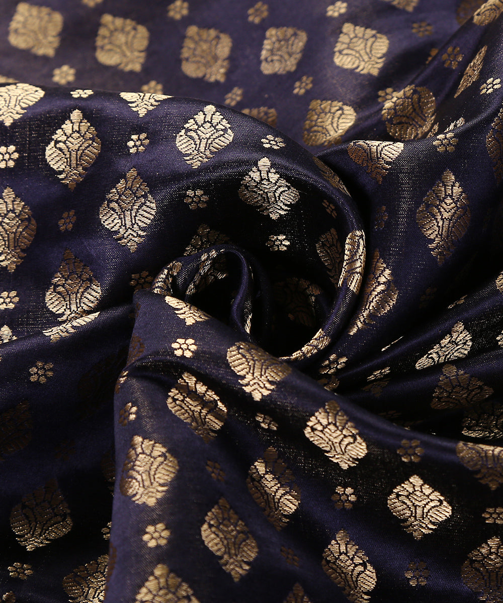 Dark_Blue_Handloom_Pure_Satin_Silk_Brocade_Banarasi_Fabric_With_Small_Mughal_Motifs_WeaverStory_05