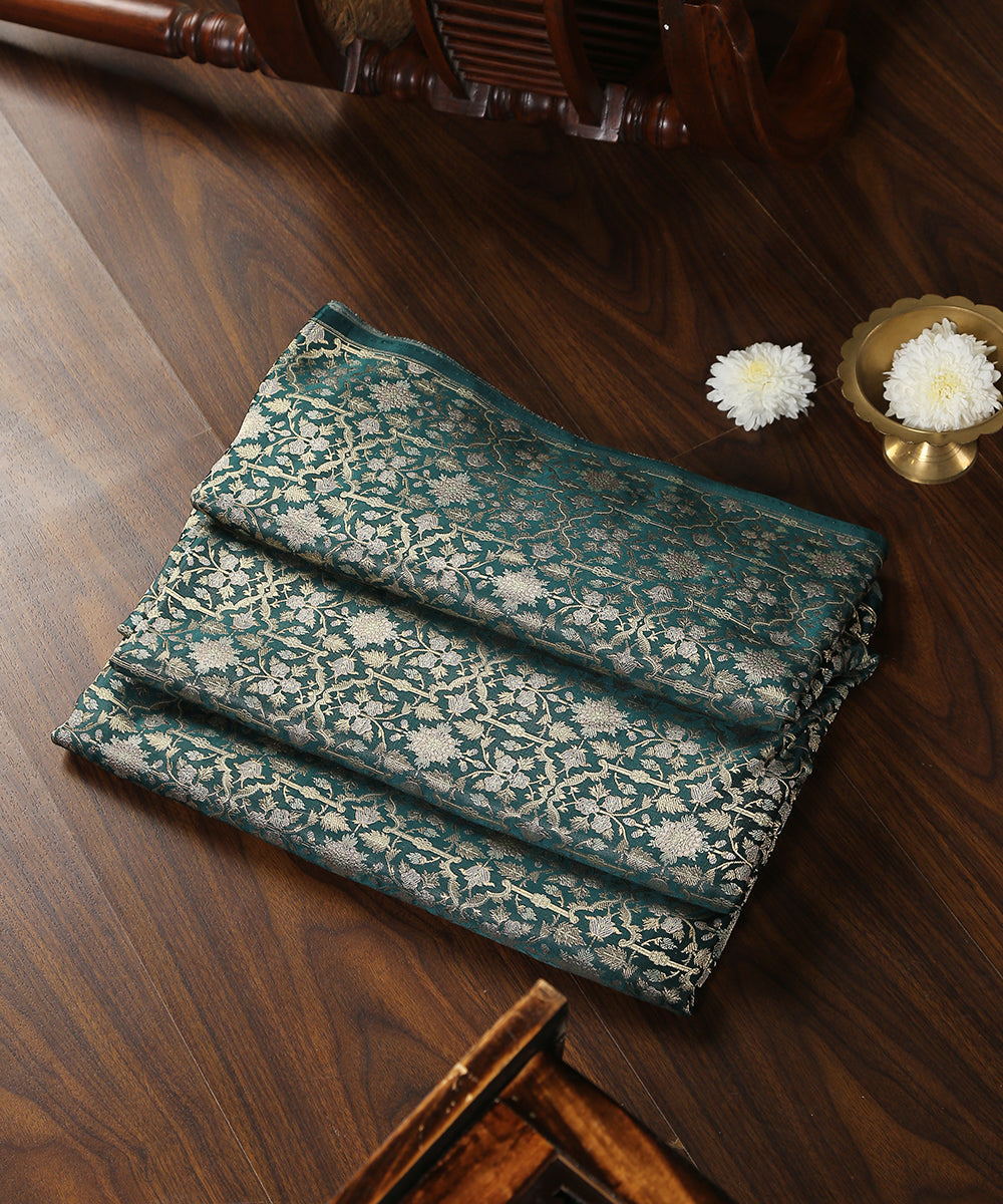 Handloom_Bottle_Green_Jamawar_Pure_Katan_Silk_Brocade_Banarasi_Fabric_WeaverStory_01