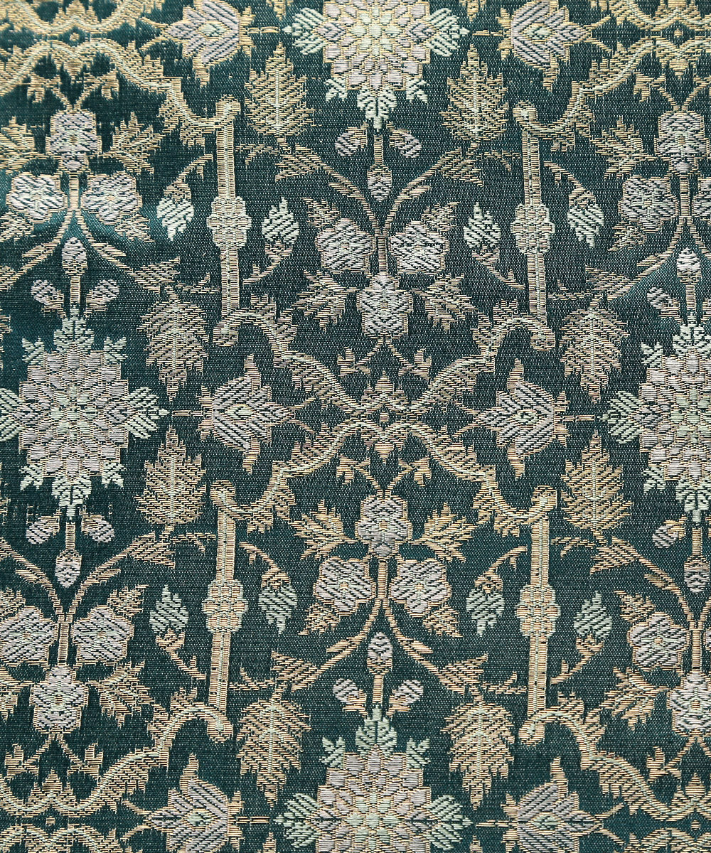 Handloom_Bottle_Green_Jamawar_Pure_Katan_Silk_Brocade_Banarasi_Fabric_WeaverStory_02