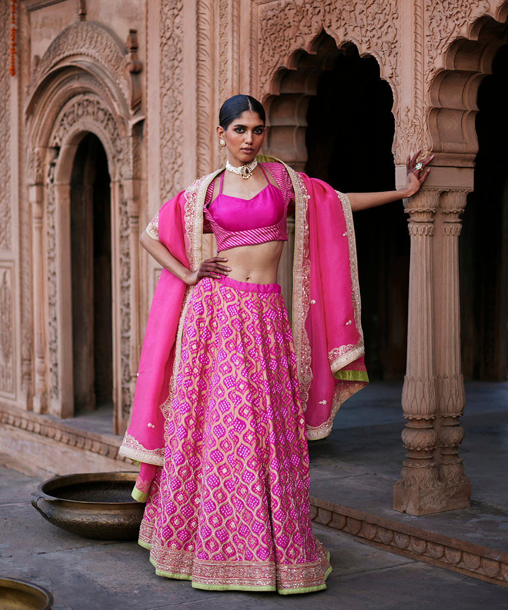 Sunshine Yellow Bandhej Ruffle Lehenga Choli with Pink Banarsi Dupatta –  anokherang