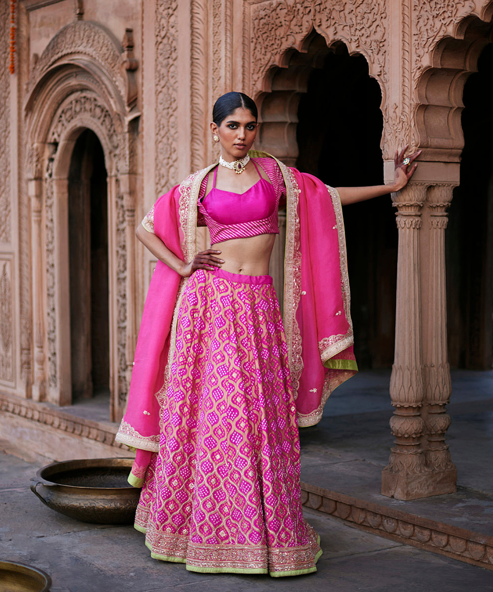 Hot_Pink_Georgette_Banarasi_Bandhej_Lehenga_With_Blouse_And_Embroidered_Dupatta_WeaverStory_01