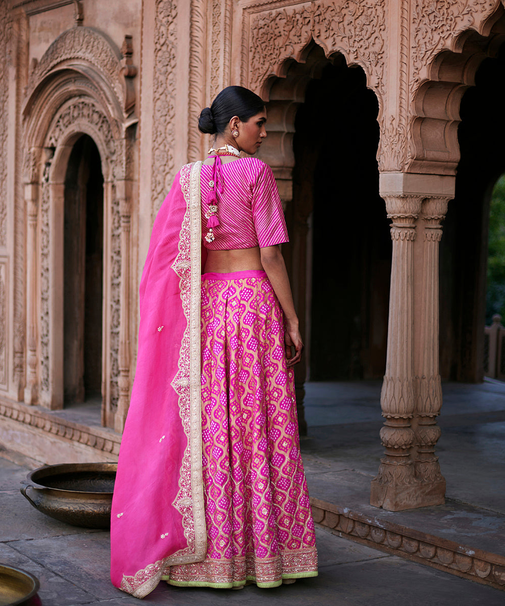 Hot_Pink_Georgette_Banarasi_Bandhej_Lehenga_With_Blouse_And_Embroidered_Dupatta_WeaverStory_03