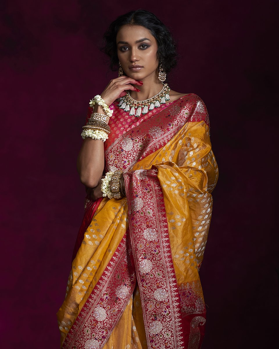 Gold_And_Red_Tissue_Banarasi_Saree_with_Meenakari_and_Aada_Bel_WeaverStory_01