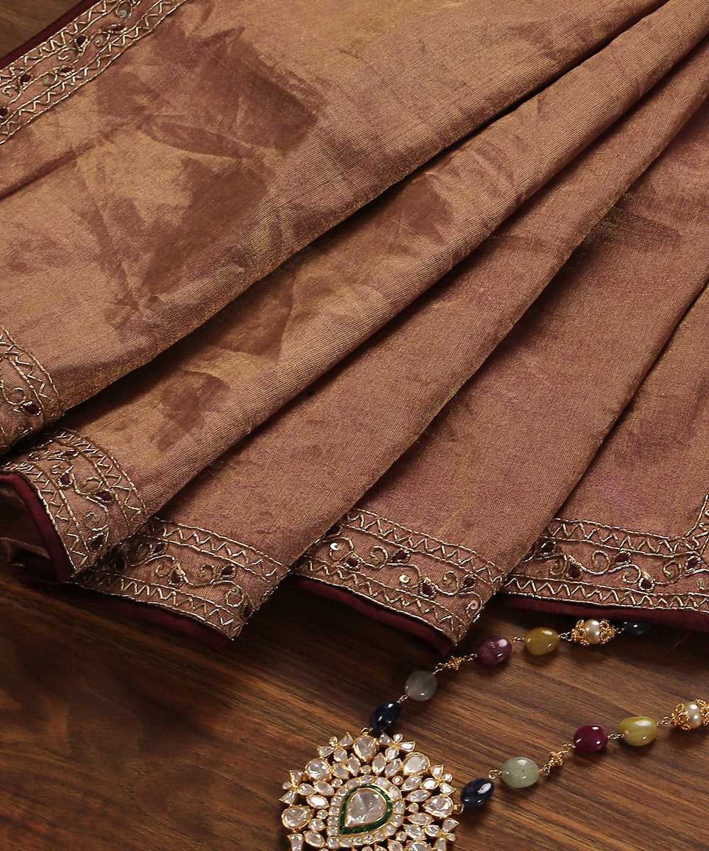 Lilac And Gold Pure Tissue Dupatta With Hand Emroidered Zardozi Border