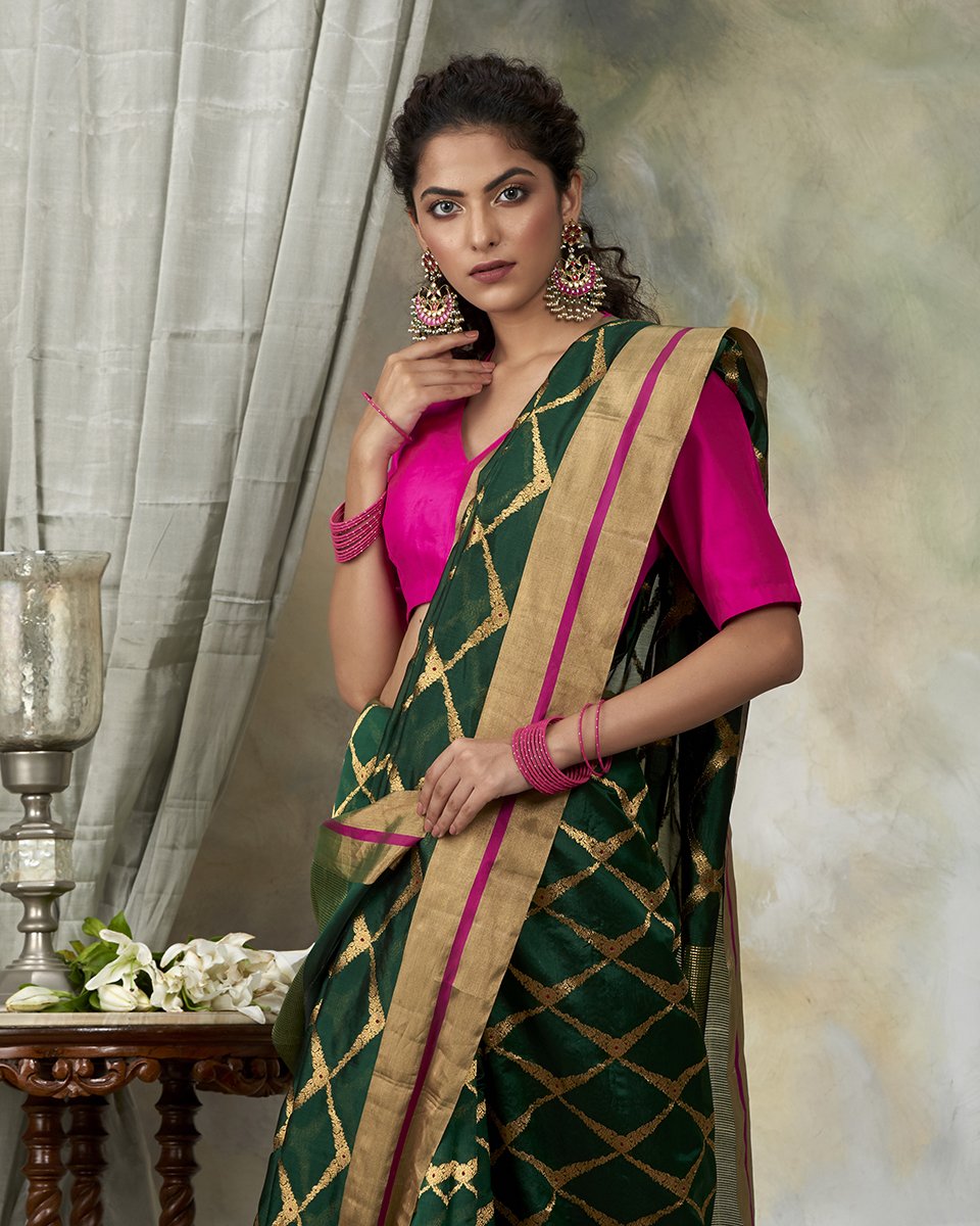Handloom_Pure_Silk_Emerald_Green_Chanderi_Saree_with_Gold_Zari_WeaverStory_01