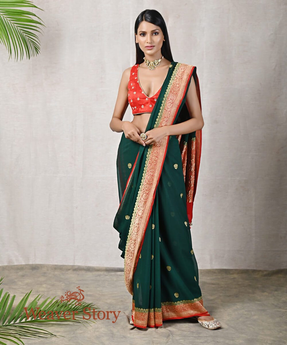 Green_Handloom_Banarasi_Georgette_Saree_with_Red_Border_and_Zari_Work_WeaverStory_02