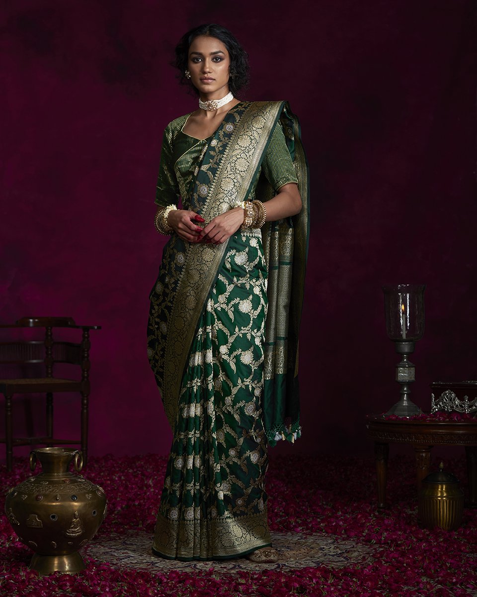 Handloom Dark Green Pure Katan Silk Banarasi Saree – Ikkat Door