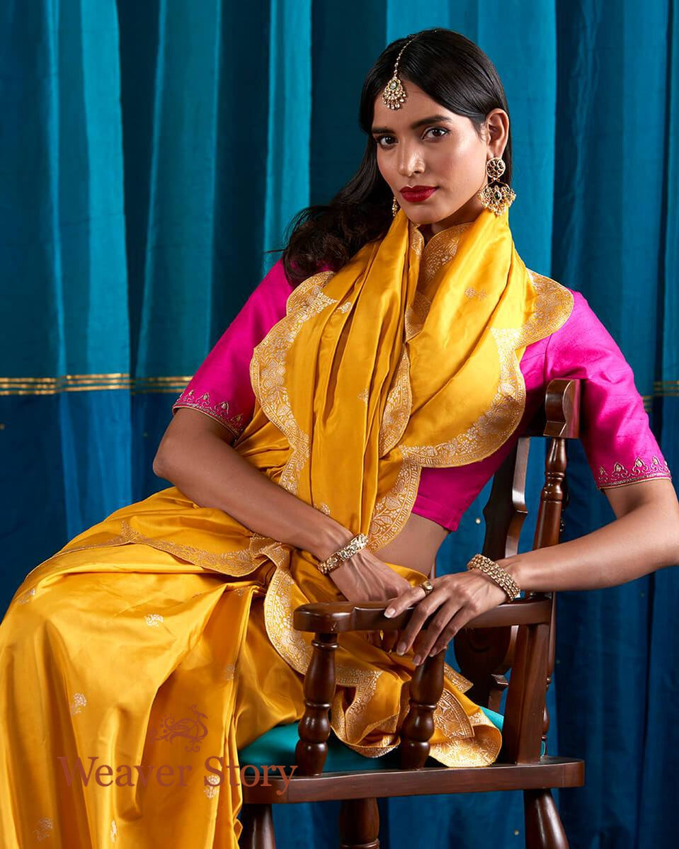 Handloom_Mango_Yellow_Banarasi_Silk_Saree_with_Scalloped_Borders_and_a_Pink_Banarasi_Blouse_WeaverStory_01