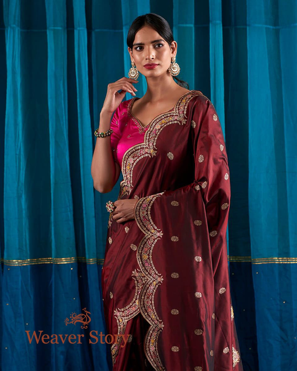 Handloom_Maroon_and_Black_Dual_Tone_Banarasi_Silk_Saree_with_Scalloped_Meenakari_Borders_WeaverStory_01