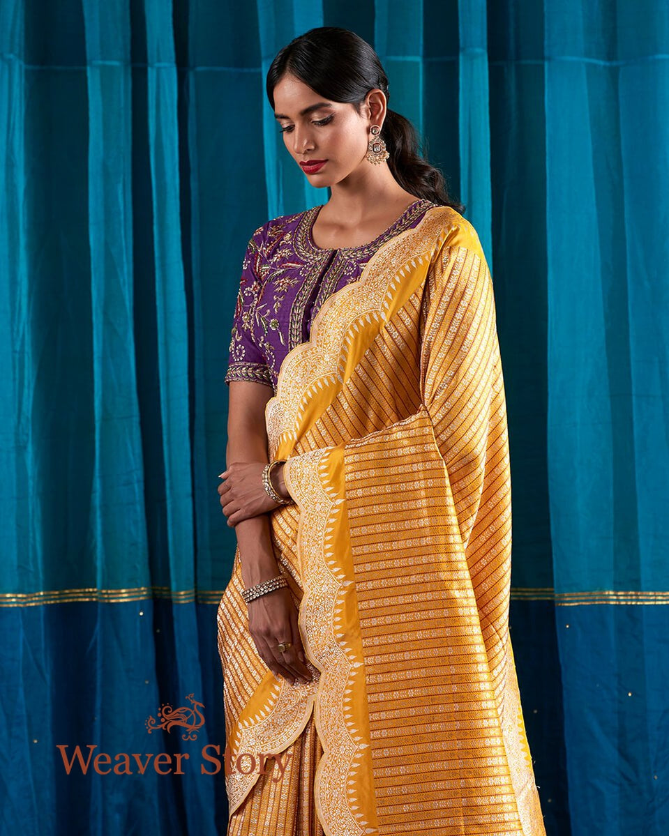 Handloom_Mustard_Banarasi_Silk_Saree_with_Brocade_Weaving_and_Scalloped_Borders_WeaverStory_01