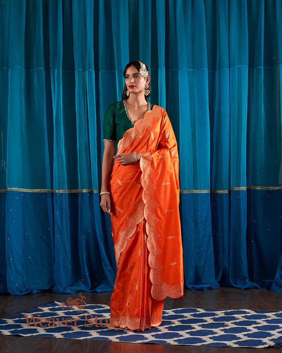 Handloom_Orange_Scalloped_Border_Banarasi_Silk_Saree_with_a_Green_Blouse_WeaverStory_02
