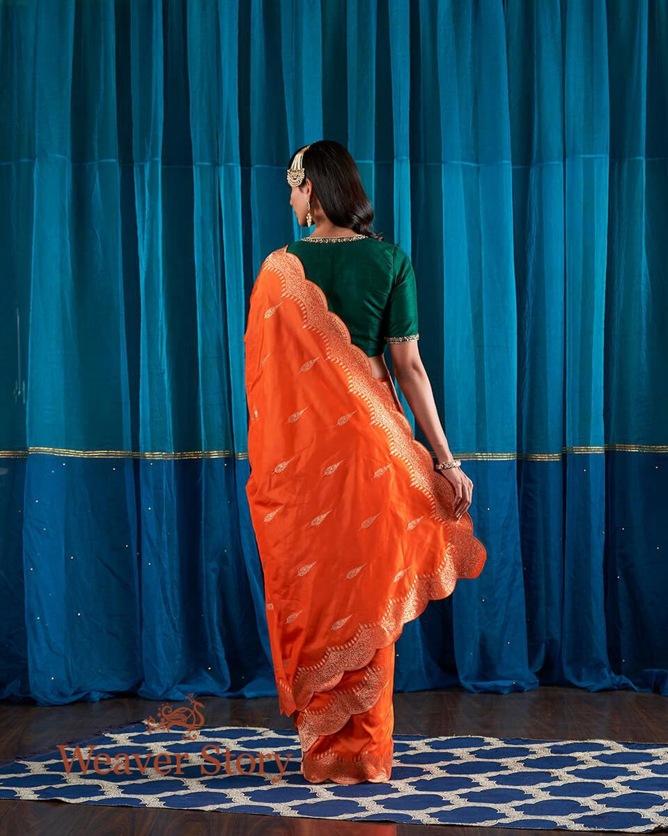 Handloom_Orange_Scalloped_Border_Banarasi_Silk_Saree_with_a_Green_Blouse_WeaverStory_03