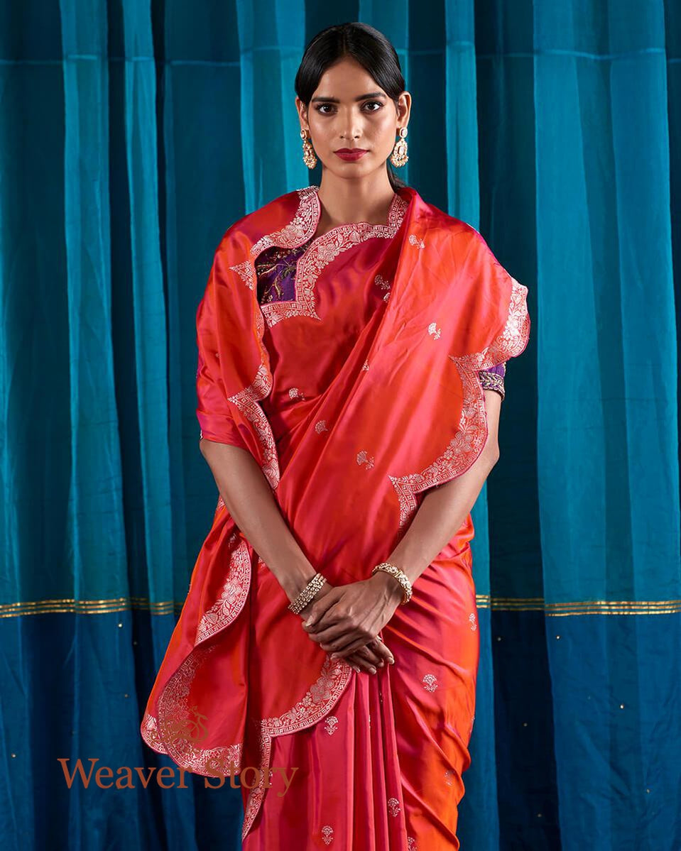Handloom_Pink_and_Orange_Dual_Tone_Banarasi_Silk_Saree_with_Scalloped_Border_WeaverStory_01