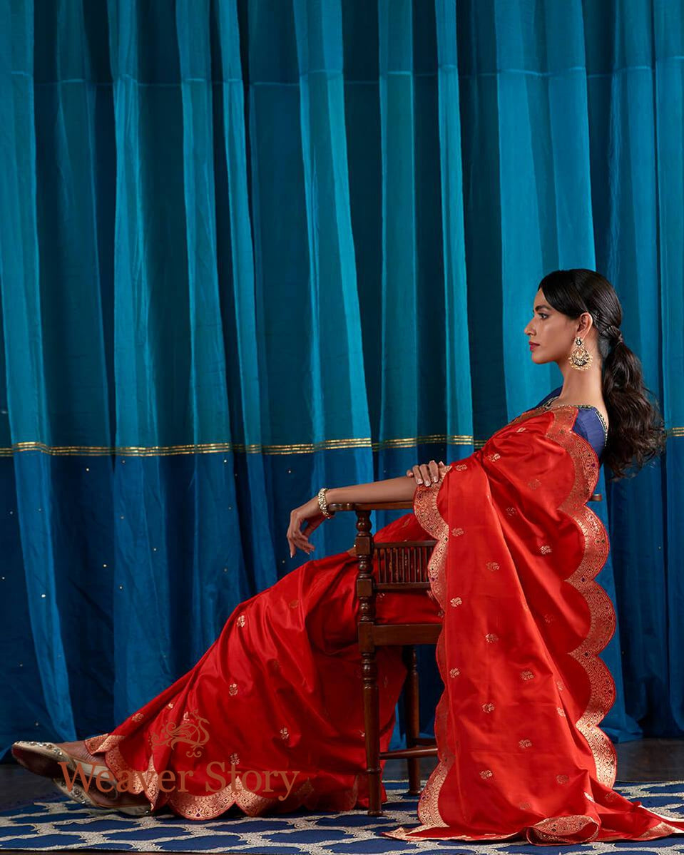 Handloom_Red_Banarasi_Silk_Saree_with_Scalloped_Borders_WeaverStory_01