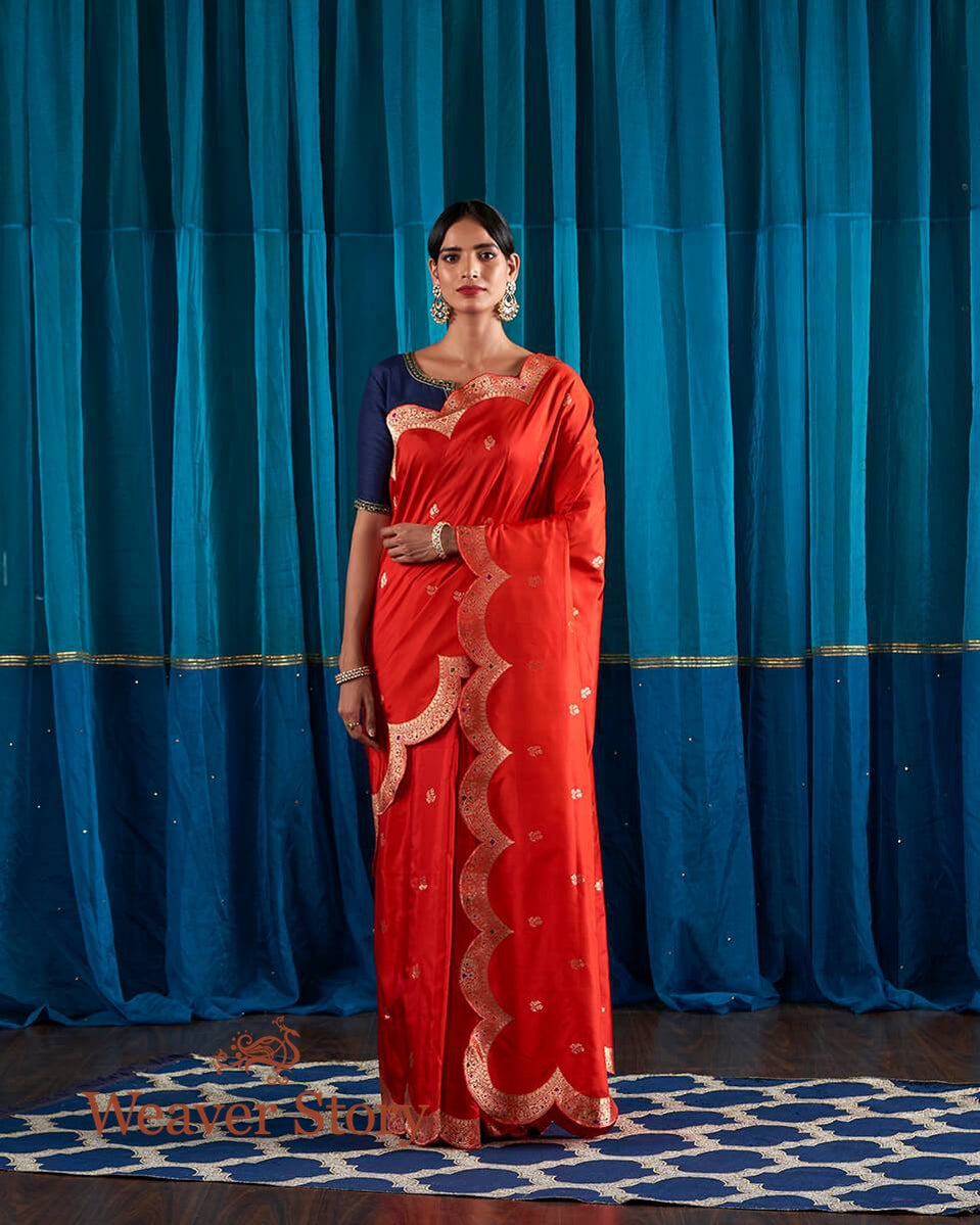 Handloom_Red_Banarasi_Silk_Saree_with_Scalloped_Borders_WeaverStory_02