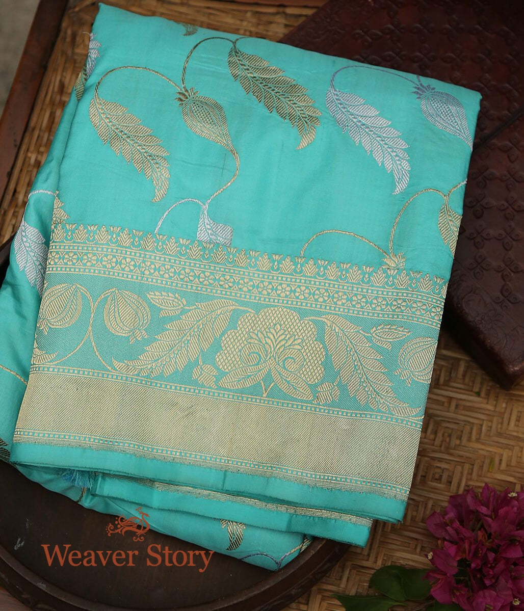 Handloom_Turquoise_Banarasi_Silk_Dupatta_with_Gold_and_Silver_Zari_Jaal_WeaverStory_01