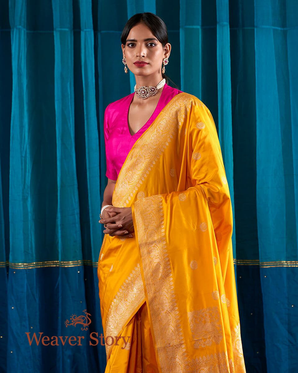 Sunshine_Yellow_Banarasi_Handloom_Saree_with_Kadhwa_Booti_and_Lion_Motifs_on_Pallu_WeaverStory_01