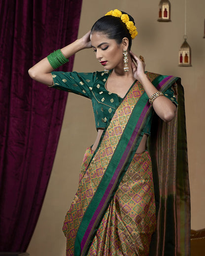 Handloom_Beige_Pure_Katan_Silk_Pashmina_Jamawar_Saree_With_Green_And_Purple_Reshmi_Border_WeaverStory_01