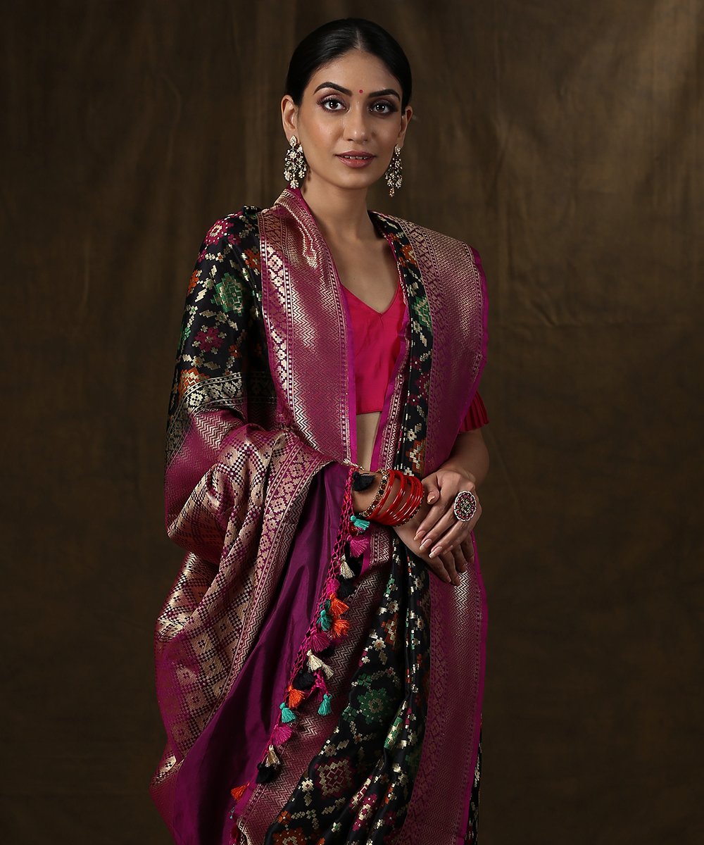 Handloom_Black_Banarasi_Patola_Saree_With_Purple_Border_WeaverStory_01