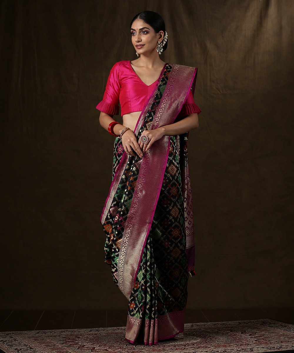 Handloom_Black_Banarasi_Patola_Saree_With_Purple_Border_WeaverStory_02