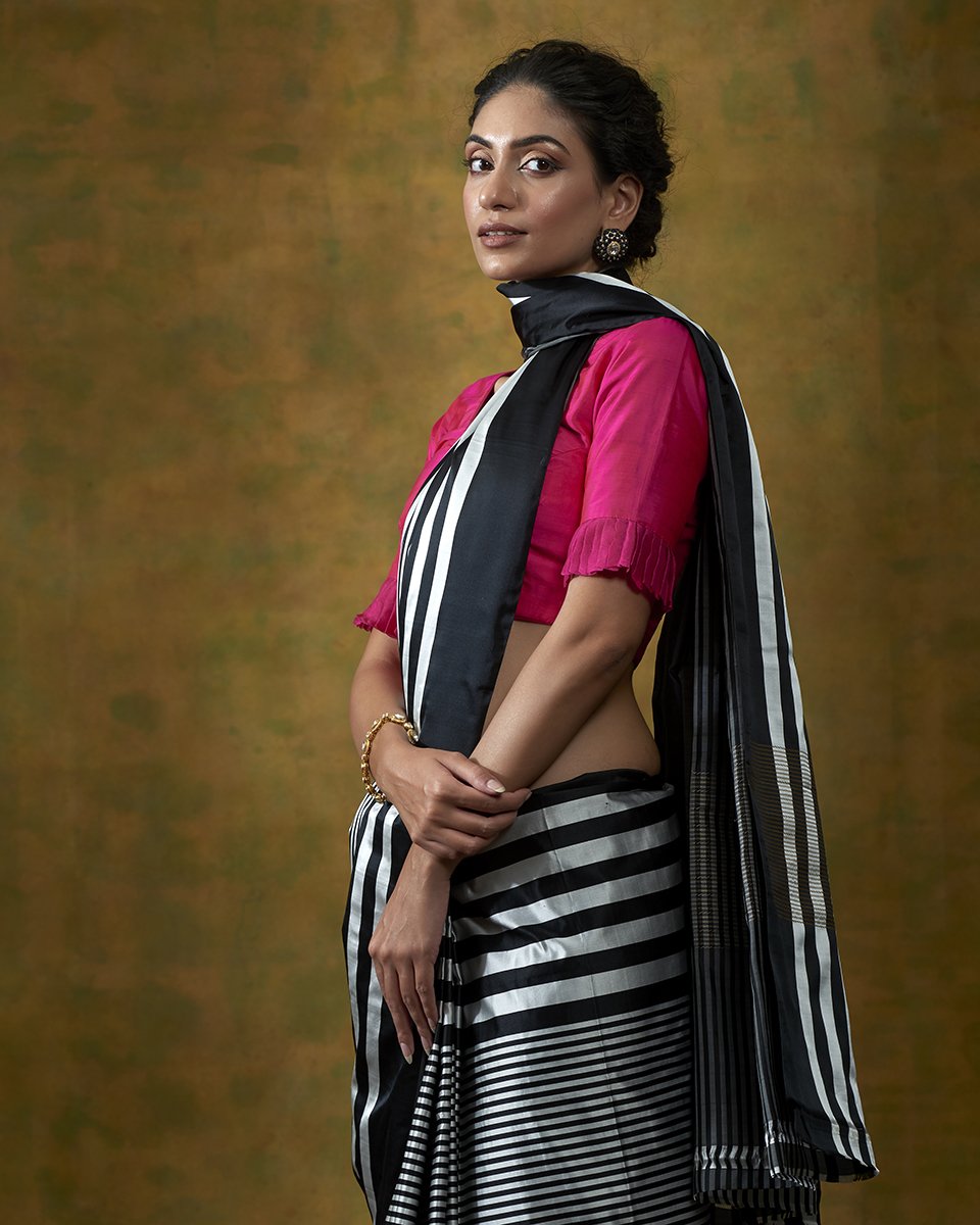 Black_Handloom_Pure_Satin_Silk_Saree_with_Horizontal_Woven_Stripes_WeaverStory_01