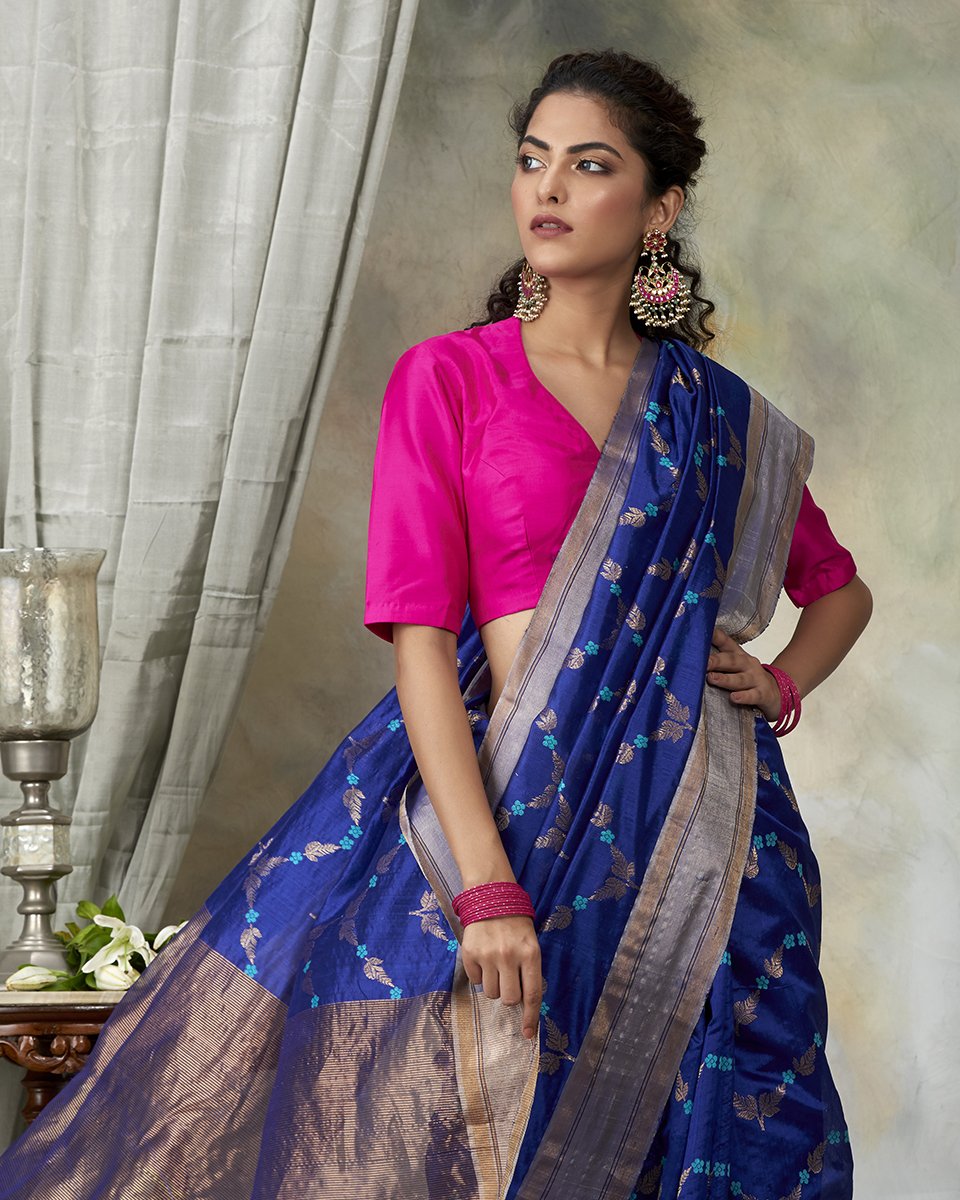 Handloom_Blue_Chanderi_Silk_Saree_with_All_Over_Jaal_WeaverStory_01