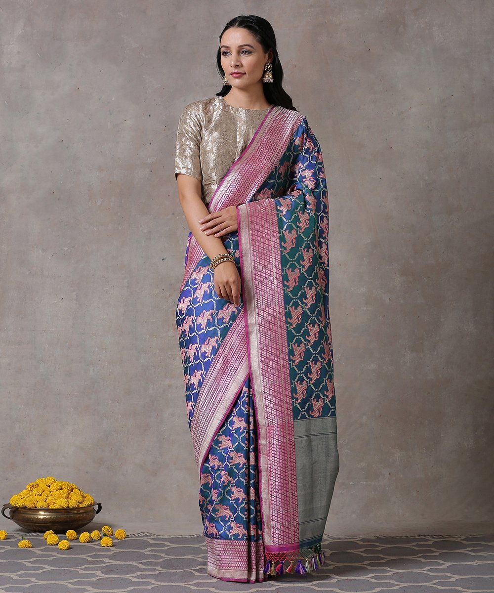 Handloom_Blue_Kadhwa_Pure_Katan_Silk_Banarasi_Saree_With_Woven_Singham_Motifs_WeaverStory_01