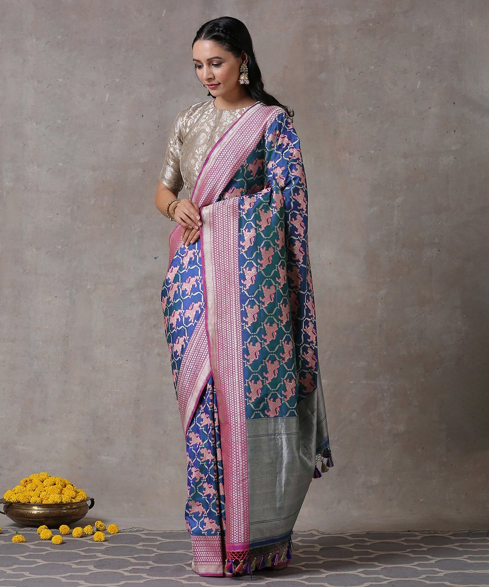 Handloom_Blue_Kadhwa_Pure_Katan_Silk_Banarasi_Saree_With_Woven_Singham_Motifs_WeaverStory_02